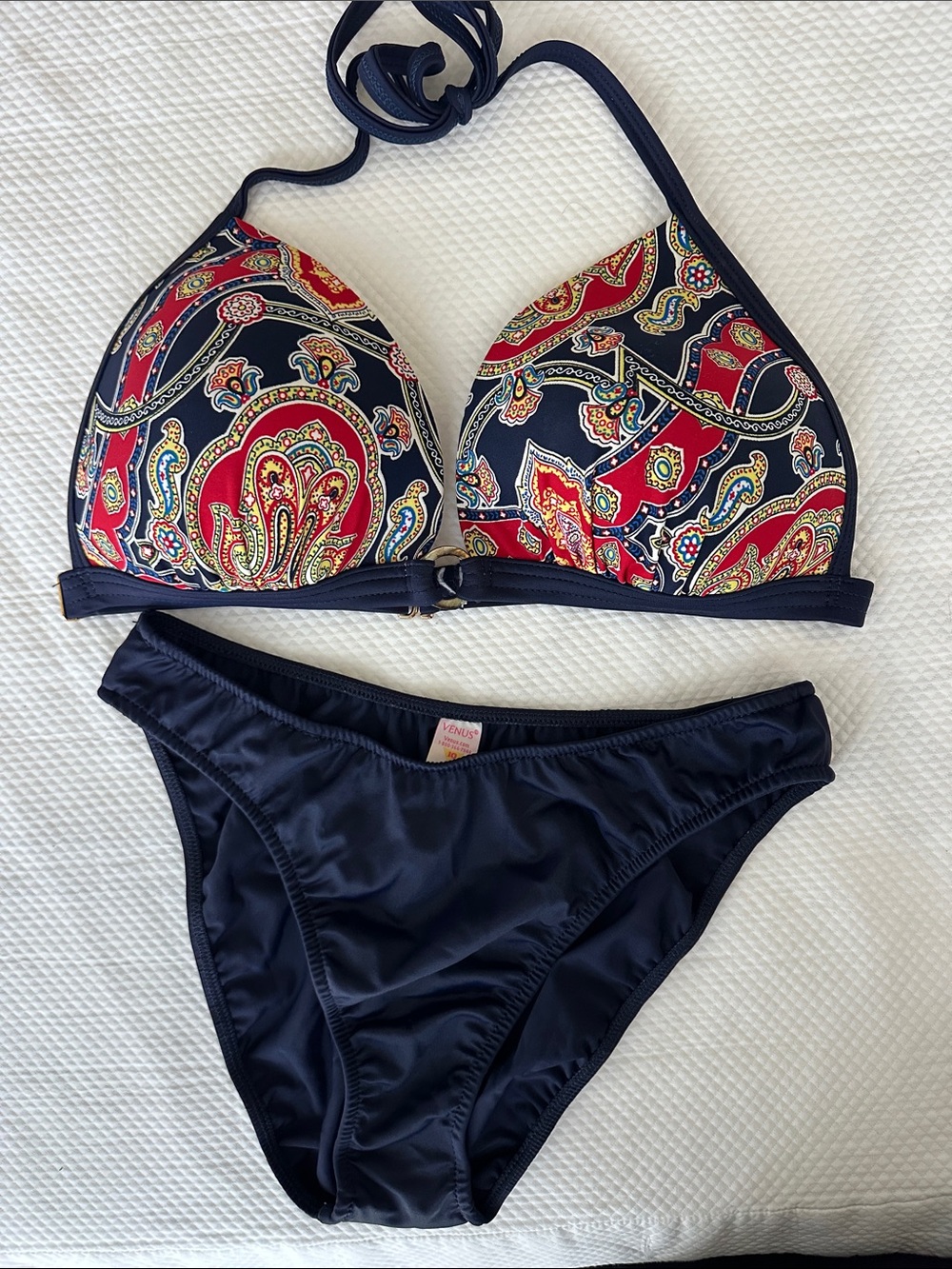 VENUS Navy Paisley Bikini Set | Molded Halter Top | Size D Top & 10 Bottom